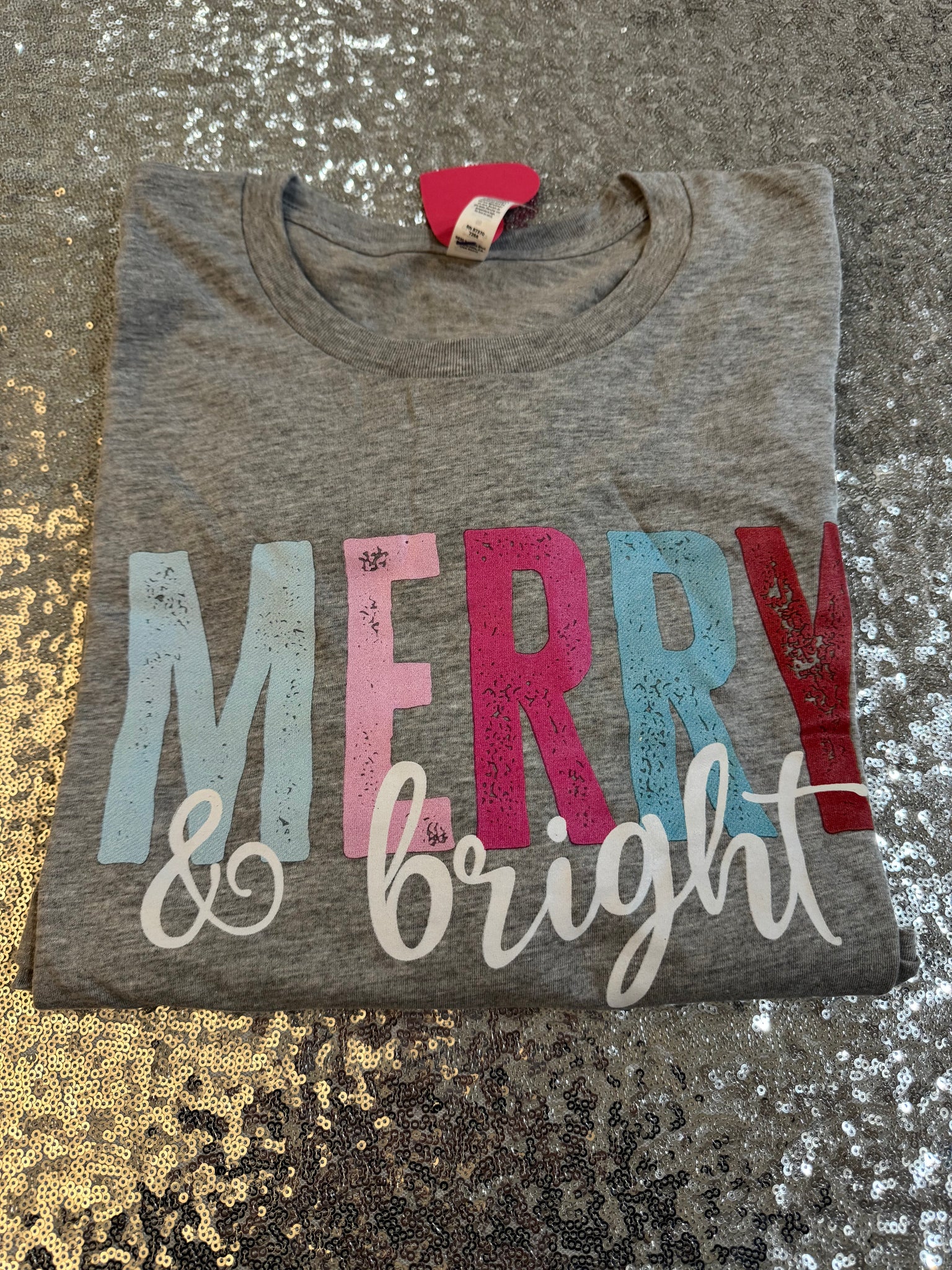 Merry & Bright Light Grey Bella Unisex Tee Size XL