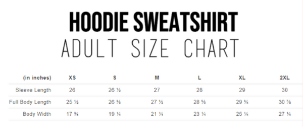 Bella Hoodie Adult Size Chart